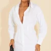 Robe Chemise Blanche Ajustée à La Taille à Manches Longues