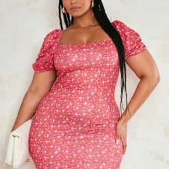 Plus Robe Moulante Rouge à Petites Fleurs Et Manches Bouffantes -Jolie Vêtue Soldes Magasin 10ade4b66f78aaf03b6abfdcbd4c0a0dfd01c393 cnd8705 3