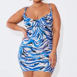 Plus Robe Moulante Plissée Bleue à Imprimé Tigre Et Col Bénitier -Jolie Vêtue Soldes Magasin 11521f2fc2f1343d414d9c9f3c05760e6e6075f4 cna7528 3