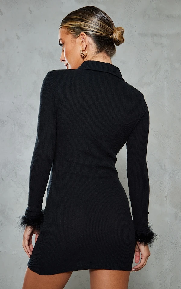 Robe Chemise Noire Froncée Côtelée Et Brossée à Manchettes à Plumes 4 Robe Chemise Noire Froncée Côtelée Et Brossée à Manchettes à Plumes – Image 2