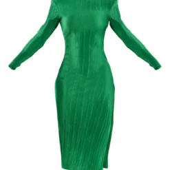 Robe Mi-longue Plissée Verte à Manches Longues Et Fente -Jolie Vêtue Soldes Magasin 11d63b6c3596af087cf7e46d77b2802d4cb51051 cnc3057 5