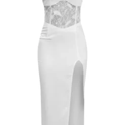 Robe Fendue Longue Blanche Satinée à Parties En Dentelle Et Bretelles -Jolie Vêtue Soldes Magasin 123309f666c41913ae4341e34de3b8e742cdee97 cne2684 5