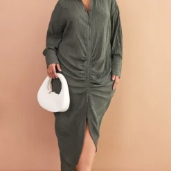 Plus Robe Chemise Mi-longue Vert Olive Texturée à Fronces Et Manches Longues