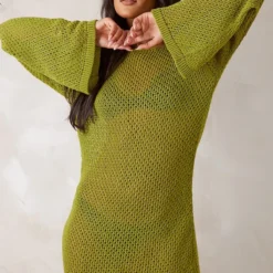 Tall Mini-robe En Maille Tricot Vert Olive à Manches Longues
