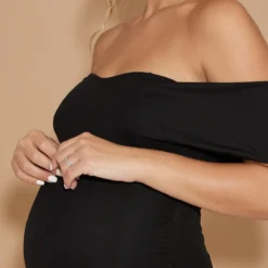 Maternité Robe De Grossesse Mi-longue Noire à Col Bardot Et Ourlet Volanté -Jolie Vêtue Soldes Magasin 129061f594b4be15e5c2642f887d243f193d490b cmz9779 4