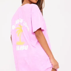 Robe T-shirt Rose Délavée à Imprimé Paradise
