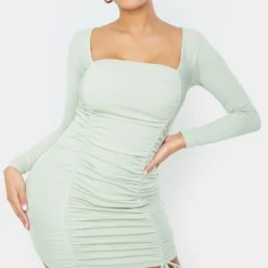 Shape Robe Moulante Froncée Vert Sauge à Col Carré -Jolie Vêtue Soldes Magasin 12e523ef382b60e424f6a484325d00abb2367984 cmq5369 1