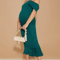 Maternité Robe De Grossesse Mi-longue Vert émeraude à Col Bardot Et Ourlet Volanté -Jolie Vêtue Soldes Magasin 13ad5007a92883fb481a00796688ababc9b5922d cmz9778 3