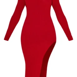 Robe Mi-longue En Maille Rouge à Col Rond Et Fente Sur Le Côté -Jolie Vêtue Soldes Magasin 14418b103e77278643bc4fd9023b829189aa0345 cnb1377 5