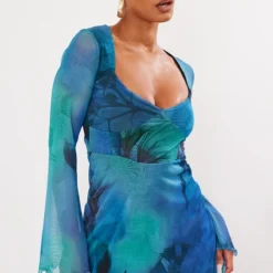 Robe Droite En Mesh Bleu Flou Fleuri à Détail Buste