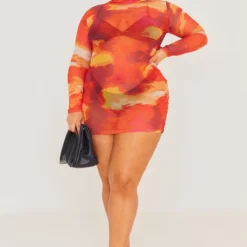 Plus Robe Moulante En Mesh Rouge Imprimé Abstrait à Manches Longues -Jolie Vêtue Soldes Magasin 156c95f6663b592634e79f4fc451e961aafe9f0d cne1828 3