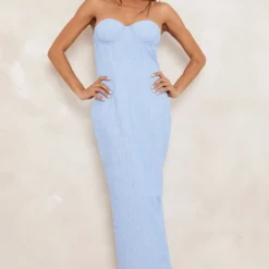 Robe Bustier Mi-longue Effet Lin Bleu Clair à Armatures