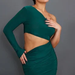 Robe Très Moulante Asymétrique Vert Forêt à Taille Découpée Et Fronces