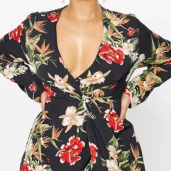 Plus - Longue Robe Noire à Imprimé Floral Torsadée Devant -Jolie Vêtue Soldes Magasin 16ec8b5634e6e39ea65baf11519dd2df8430db41 CLV2347 5