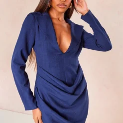 Robe Blazer Effet Lin Drapé Bleu Foncé