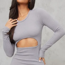 Logic Petite Robe Côtelée Découpée Gris Clair à Manches Longues -Jolie Vêtue Soldes Magasin 18b6914e0d019ca14bf465d9161163878f49f550 cnd2239 4