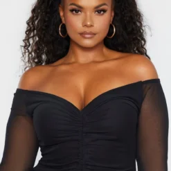 Plus Robe Mi-longue Noire Froncée à Manches En Mesh -Jolie Vêtue Soldes Magasin 192367b00ad95acf5624ac664fb28daf7caca7fb cme0480 5