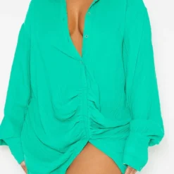 Plus Robe Chemise Texturée Verte à Détail Drapé Et Manches Longues -Jolie Vêtue Soldes Magasin 192e7d07f24022cd3faed360d486a3518a825528 cmu4915 5