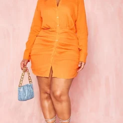 Plus Robe Chemise Légère Orange Texturée à Fronces