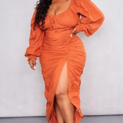 Plus Robe Mi-longue Fendue Rouille Effet Lin Froncée Sur Le Côté -Jolie Vêtue Soldes Magasin 19527fd9ccea189cc056864770beccef29d7f3eb cnd6503 3