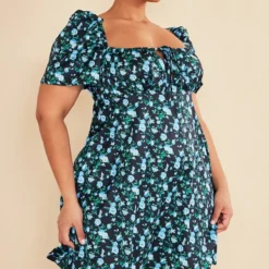 Plus Robe Droite Noire Imprimé Petites Fleurs à Manches Bouffantes -Jolie Vêtue Soldes Magasin 1953f6543452e6b24d856ba6096dc0614d9f9dcc cnc9715 3