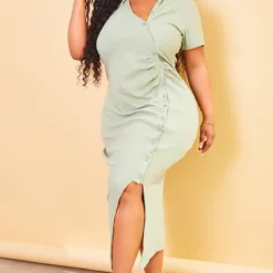Plus Robe Chemise Côtelée Vert Sauge à Boutons