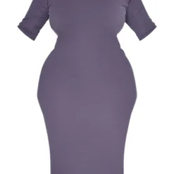 Plus Robe Mi-longue Côtelée Gris Anthracite à Col Montant Et Demi-manches -Jolie Vêtue Soldes Magasin 1a6afea705388305791c013d565d2aafcace2498 cnd3030 5