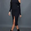 Robe Mi-longue Noire Côtelée à épaules Dénudées Et Fente