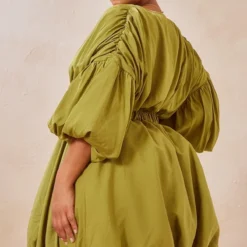 Plus Robe Droite Vert Olive Bouffante à Manches Ballon -Jolie Vêtue Soldes Magasin 1ba5d909697dd0e54ef437d5ff313bf4906c92cf cmy4712 3