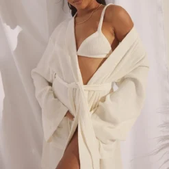 Robe De Chambre En Maille Gaufrée Douce Blanche