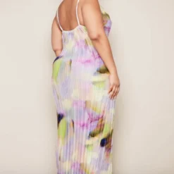 Plus Robe Longue Plissée Imprimé Aquarelle Lilas à Col Bénitier -Jolie Vêtue Soldes Magasin 1bea1f725bcb5529c07ceac751001cfd92214ab9 cne2075 2