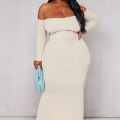 Logic Plus Robe Bustier Mi-longue Côtelée Avoine à Col Bardot Et Manches Longues