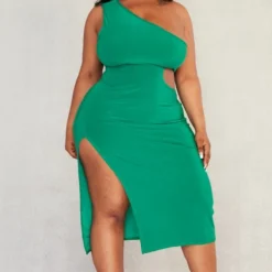 Plus Robe Asymétrique Mi-longue Vert Vif à Découpes