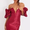 Petite Robe Moulante Bordeaux à Décolleté Plongeant Et Manches Volantées