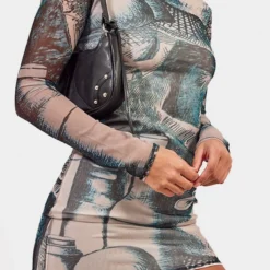 Robe Moulante En Mesh Froncé Vert Imprimé Abstrait à Manches Longues -Jolie Vêtue Soldes Magasin 1d57ca670230532c507f65c1276e65a79dac3d95 cnd1334 4