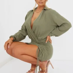 Robe Chemise Décolletée Effet Lin Kaki Décolleté -Jolie Vêtue Soldes Magasin 1e3d6557900abc0f38758f0675041608f8c89cee cmr5040 3