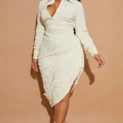 Plus Robe Chemise Mi-longue Gris Pierre Texturée à Côté Froncé -Jolie Vêtue Soldes Magasin 1ef1d736e6b1600271433817bc0e0a8fb8b39c52 cmw4075 4