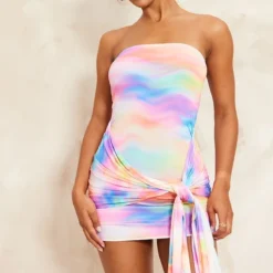 Logic Robe Bustier Moulante Drapée Rose Imprimé Vagues Style Aquarelle