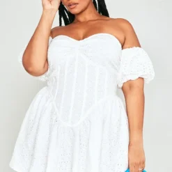 Plus Robe Droite En Broderie Anglaise Blanche à Manches Bouffantes -Jolie Vêtue Soldes Magasin 1f7103005c6abef242392c42d1e40d6f635fc6de cne0766 3