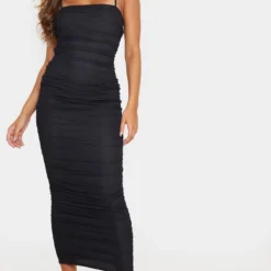 Robe Longue Noire Froncée En Mesh à Bretelles