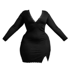 Plus Robe Droite Côtelée Noire à Détail Dentelle Et Ourlet Fendu -Jolie Vêtue Soldes Magasin 2049ffbbf3d7b747fac548e10efa6a387852641c cnc9739 5