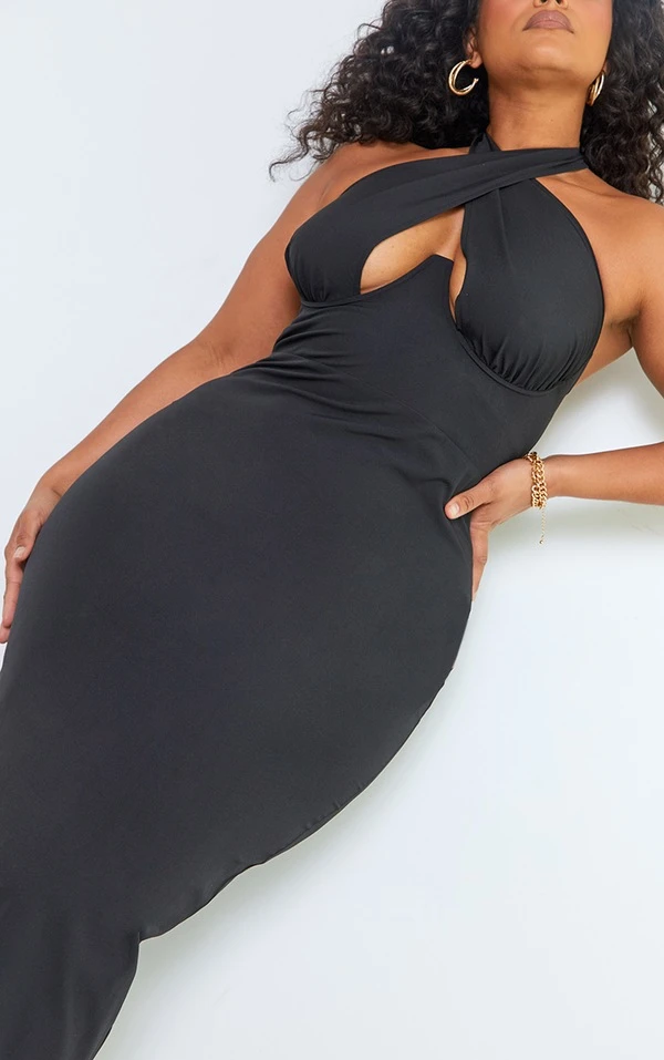 Plus Robe Mi-longue Noire Tissée Croisée Sur Le Devant 6 Plus Robe Mi-longue Noire Tissée Croisée Sur Le Devant – Image 4