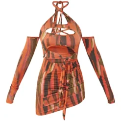 Robe Très Moulante Orange Imprimé Abstrait Découpée à Liens Et épaules Dénudées -Jolie Vêtue Soldes Magasin 222be303f0063fe64c76f38211d9d9c2200ed93e cna1159 5