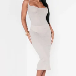 Robe Longue Texturée Grise à Bretelles