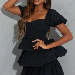 Robe Patineuse Noire Crêpée à Détail Bonnets Et Jupe étagée -Jolie Vêtue Soldes Magasin 2280299551a2d63f27eaf29fbcb4cf14495b1d4f cmt1588 4