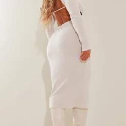 Shape Robe Mi-longue Côtelée Dos Nu Avoine à Manches Longues