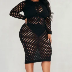 Plus Robe De Plage Noire En Maille Tricot Texturée