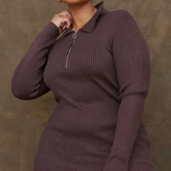 Plus Robe Longue Chocolat à Zip Détail Col -Jolie Vêtue Soldes Magasin 2385151bb6ba73621c10df43ac9798c258b71ab8 cmz2496 4