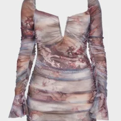 Robe Moulante En Mesh Imprimé Renaissance Multicolore Froncé à Barre En V -Jolie Vêtue Soldes Magasin 23881e8031c21bfbcbf43bbdf9809331b3fb1784 cnd0393 5