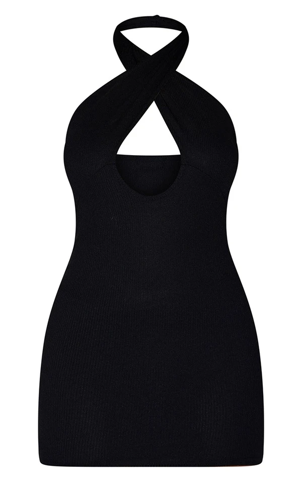 Robe Moulante Côtelée Noire Découpée à Devant Croisé 8 Robe Moulante Côtelée Noire Découpée à Devant Croisé – Image 6